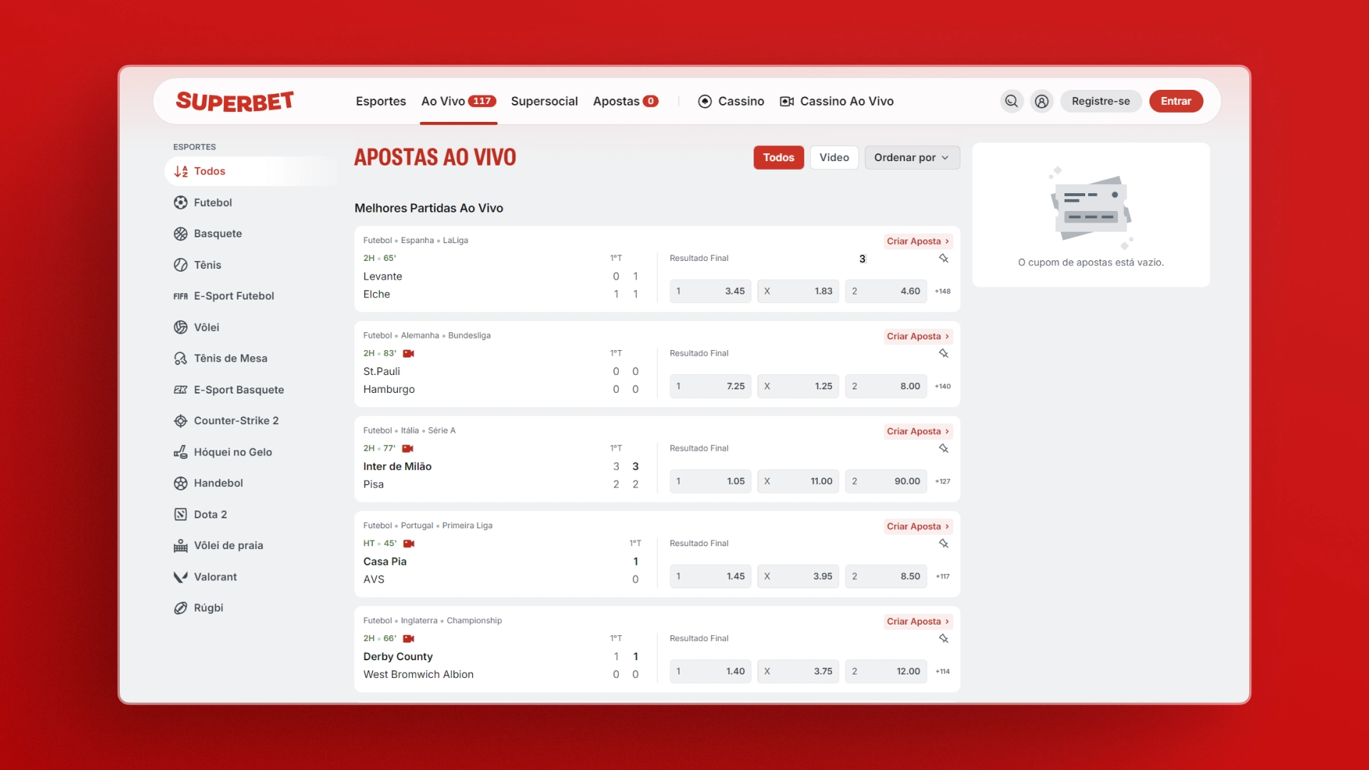 captura de tela das apostas ao vivo na Superbet