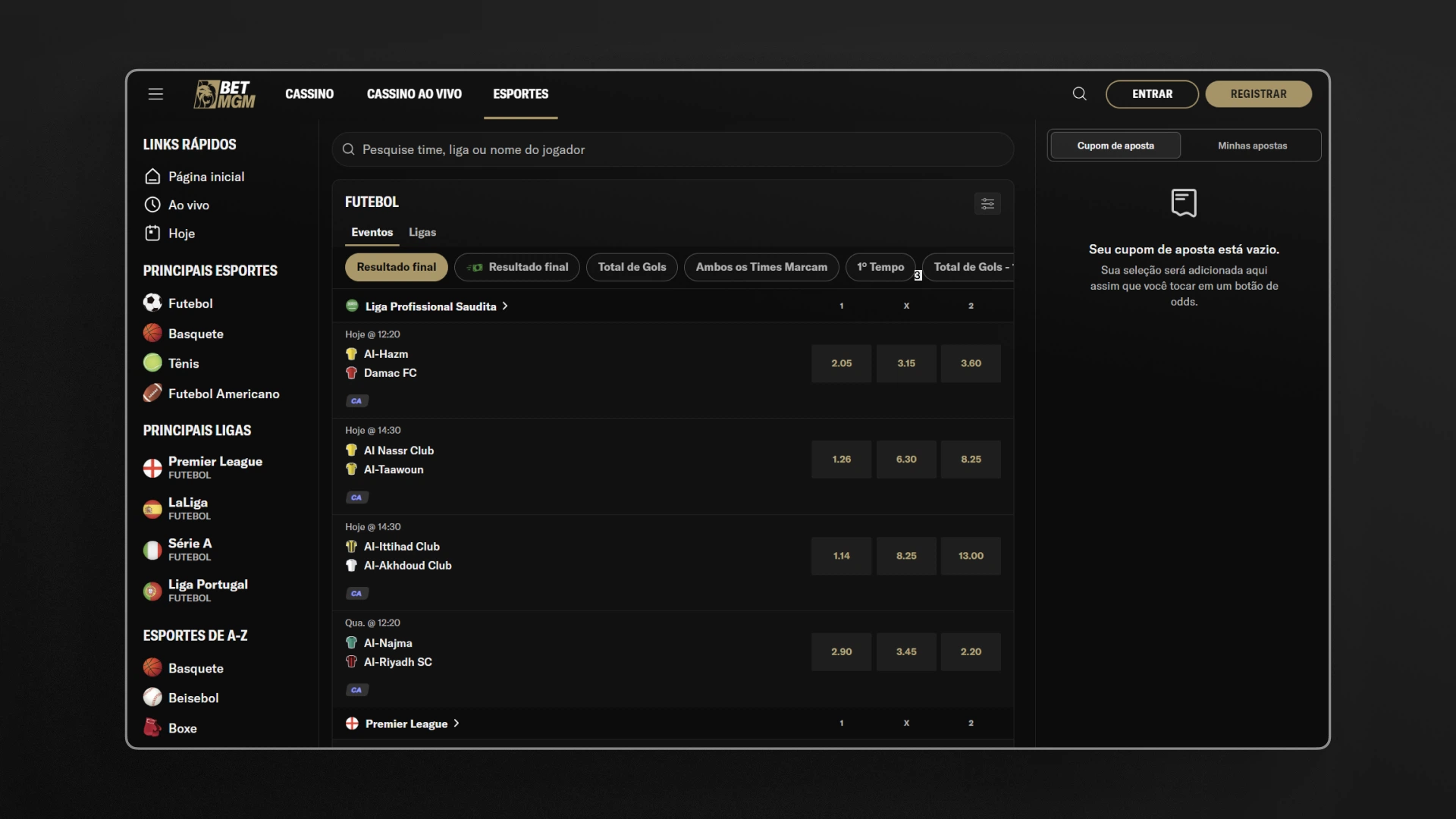 Captura de tela da seção de apostas esportivas da BetMGM.