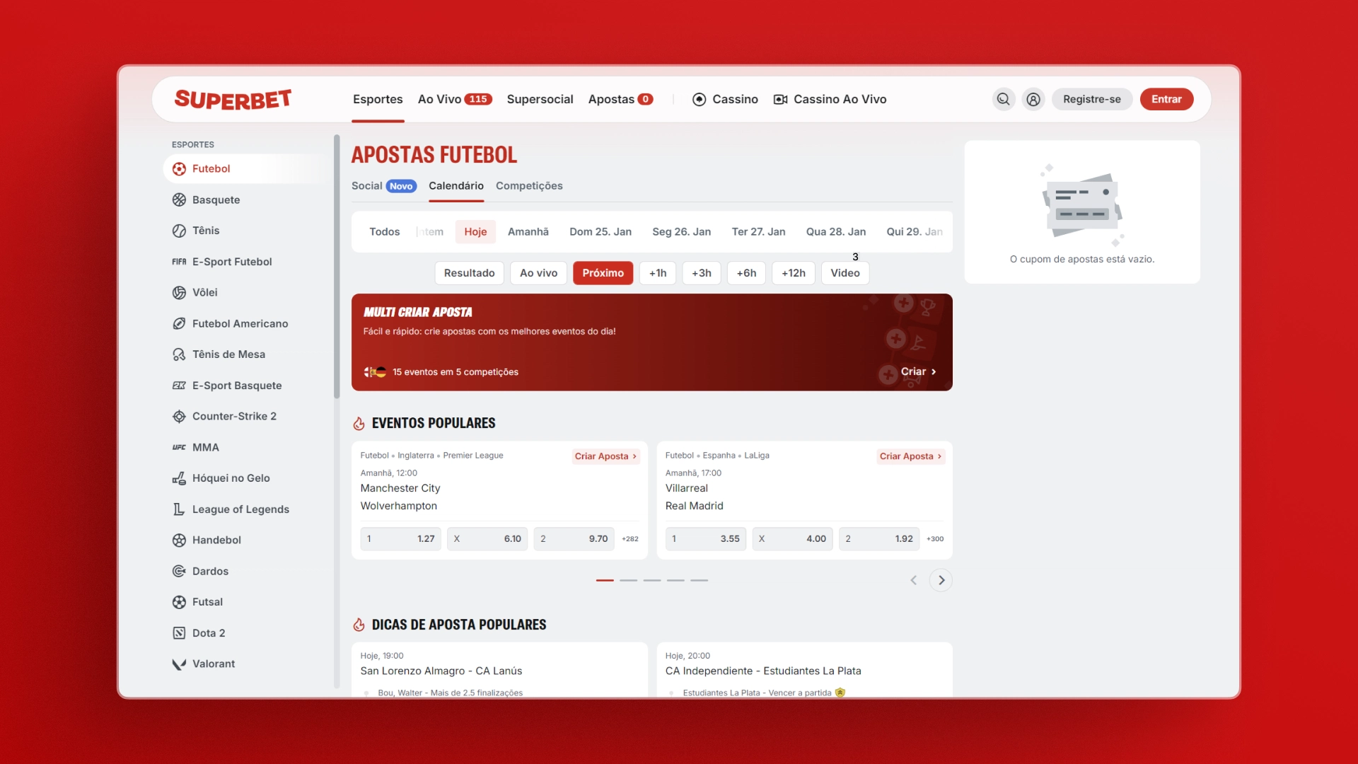 captura de tela das apostas esportivas na Superbet