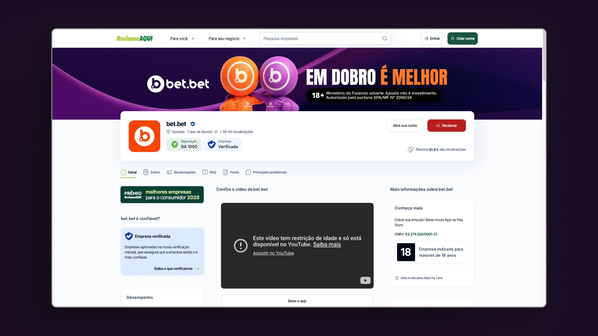 Captura de tela da página do Reclame Aqui da Bet ponto Bet.