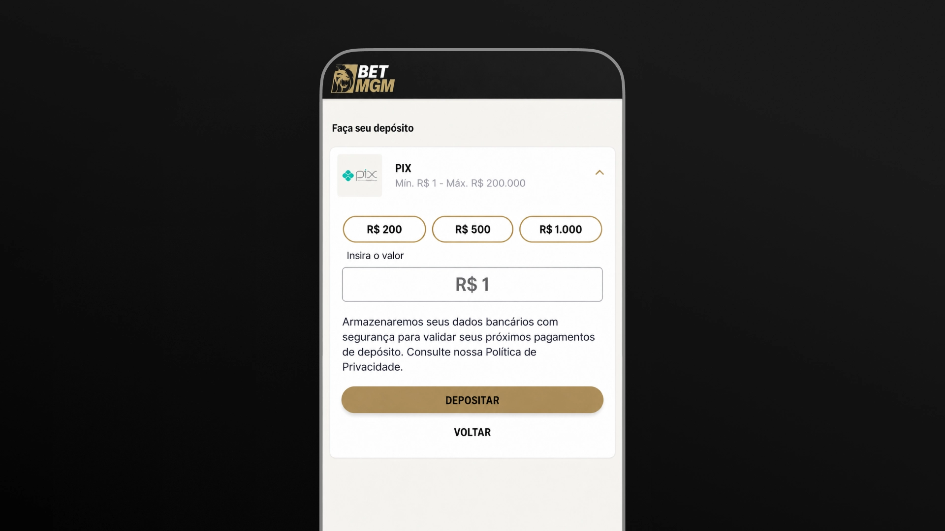 Captura de tela do depósito mínimo de 1 real na BetMGM
