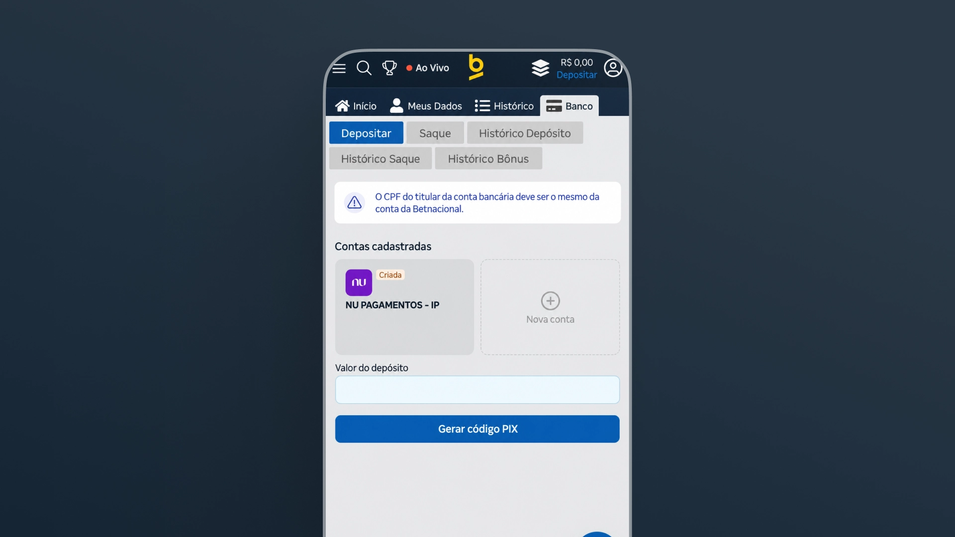 Captura de tela do depósito mínimo de 1 real na Betnacional