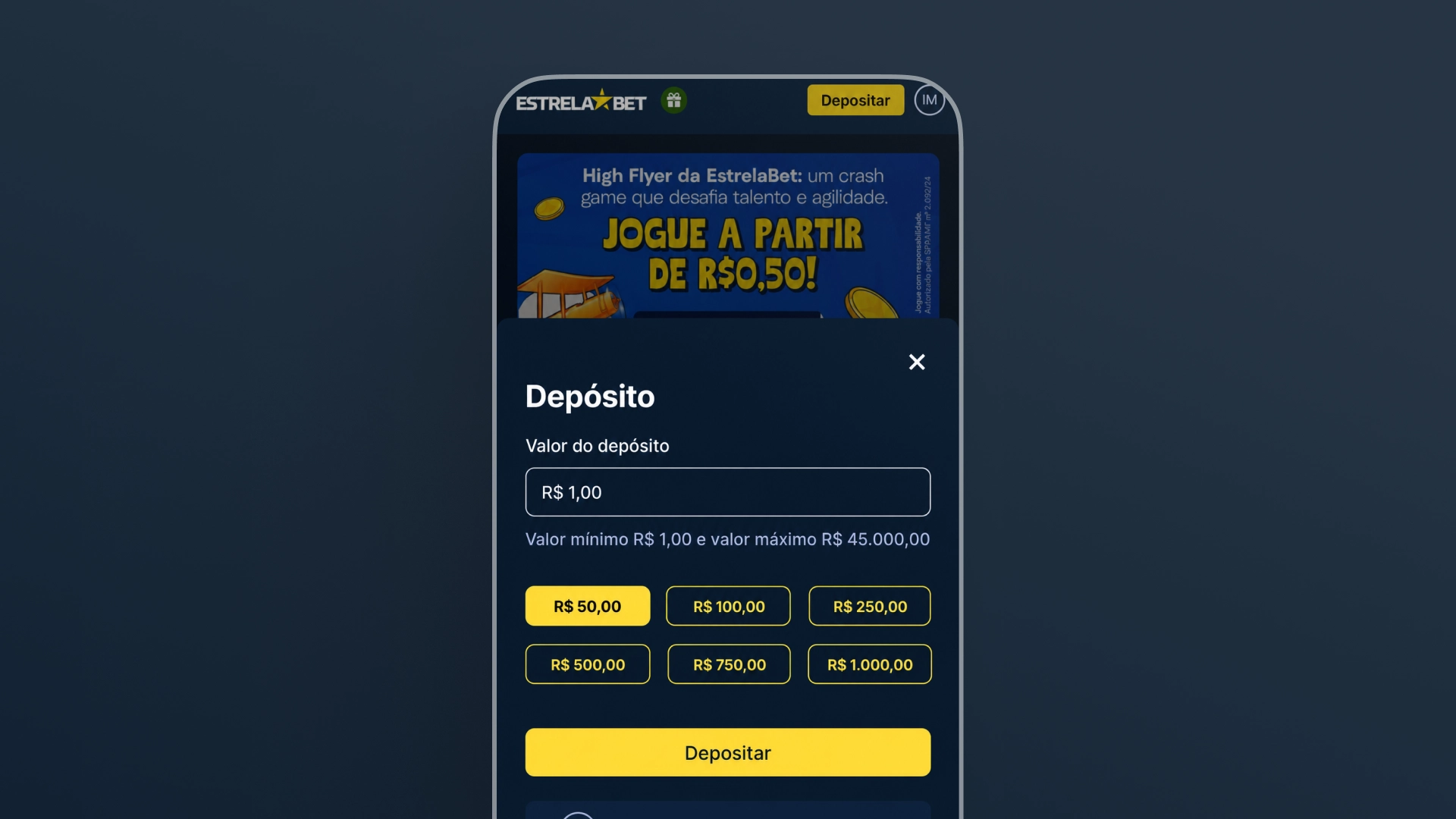 Captura de tela do depósito mínimo de 1 real na Estrelabet
