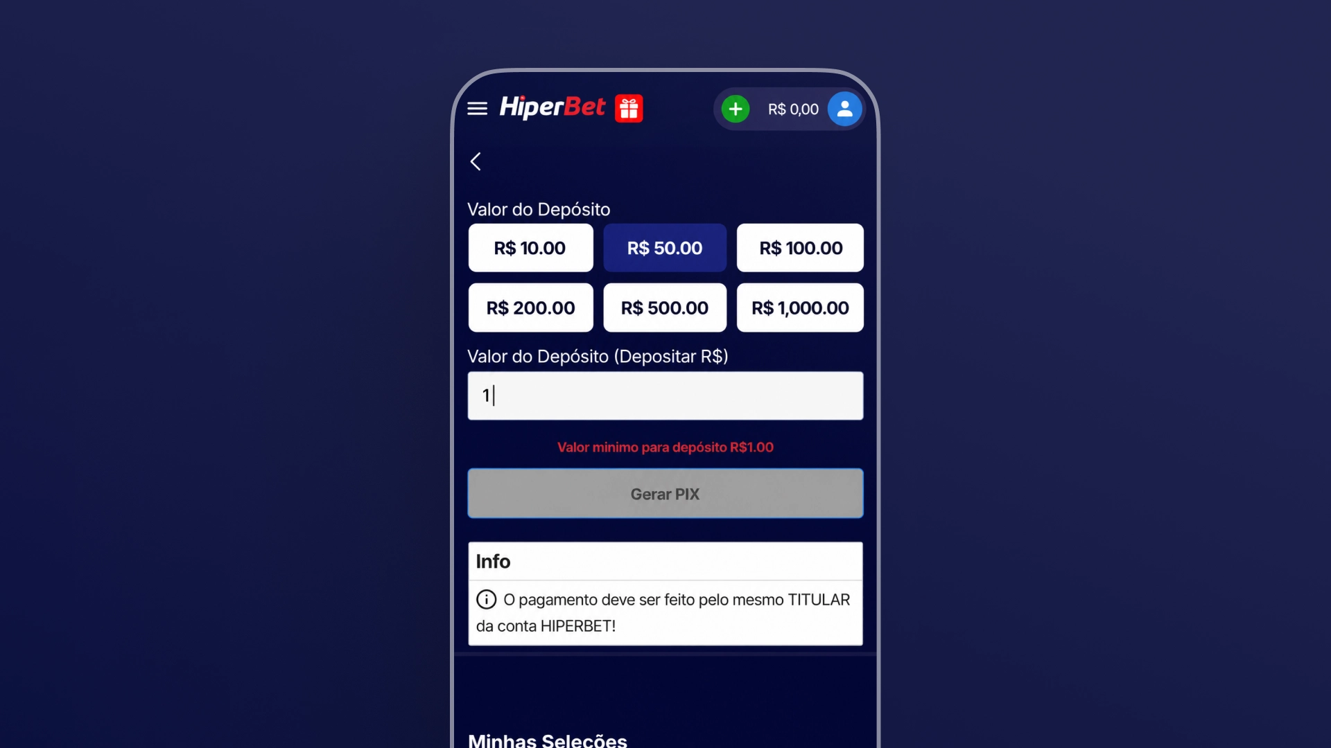 Captura de tela do depósito mínimo de 1 real na Hiperbet