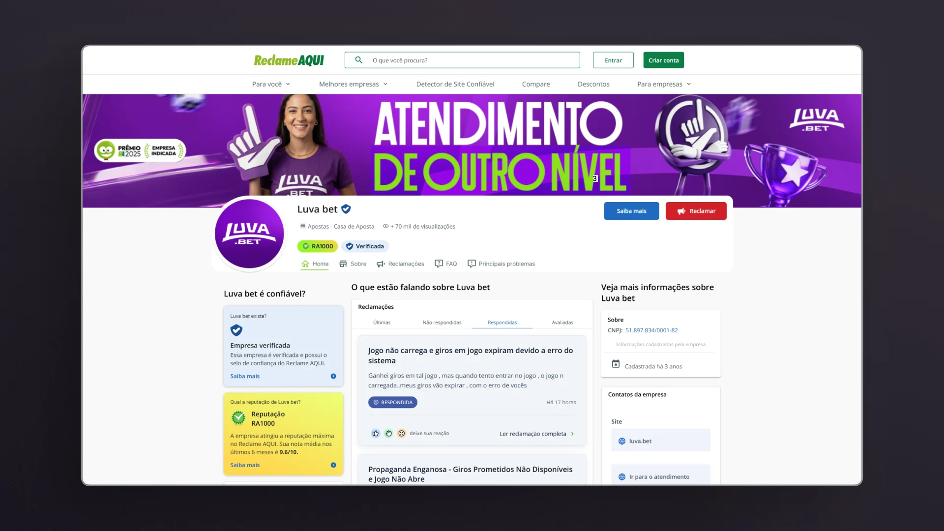 imagem reclame aqui LuvaBet