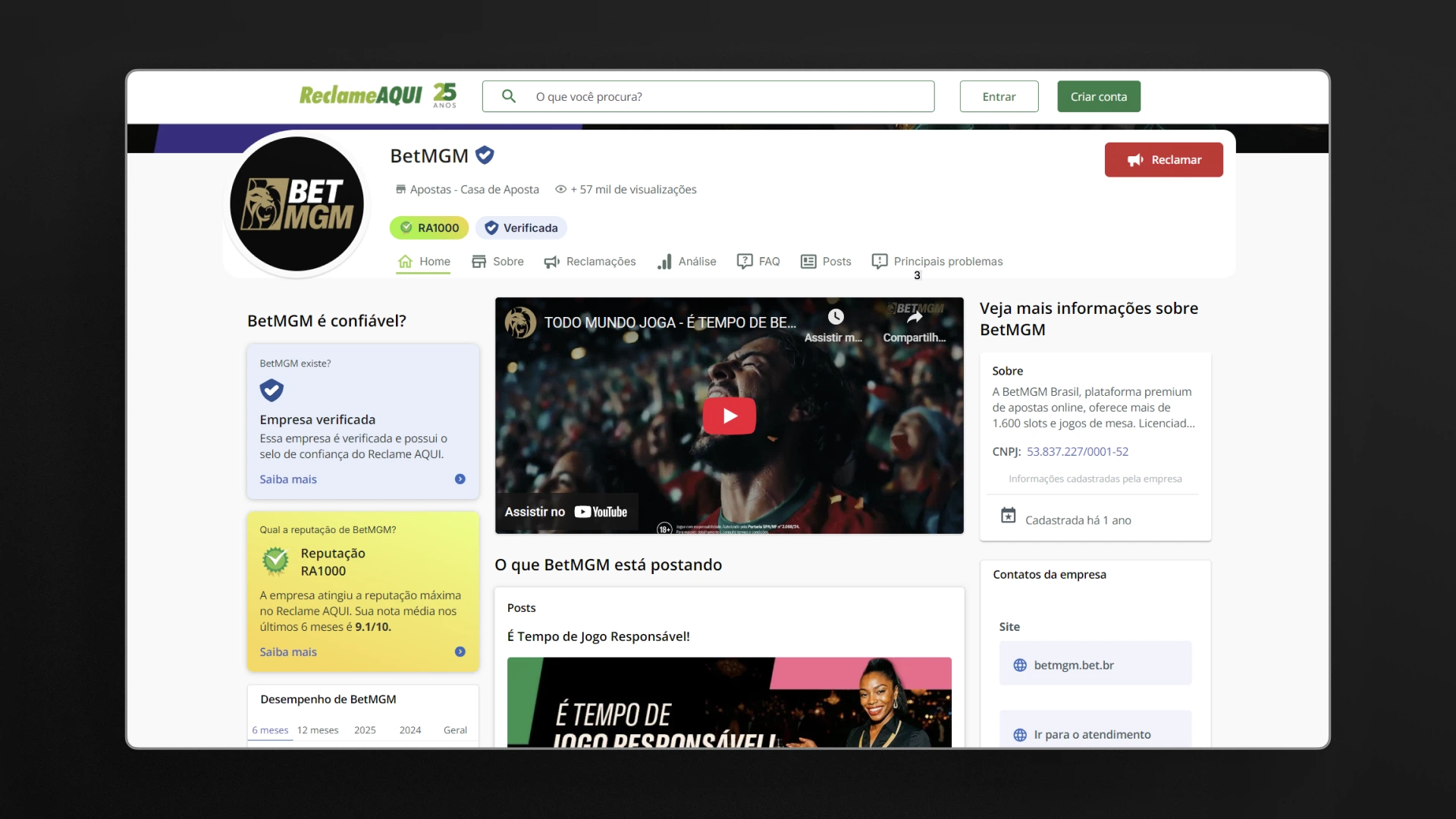 Captura de tela da página da BetMGM no Reclame Aqui.