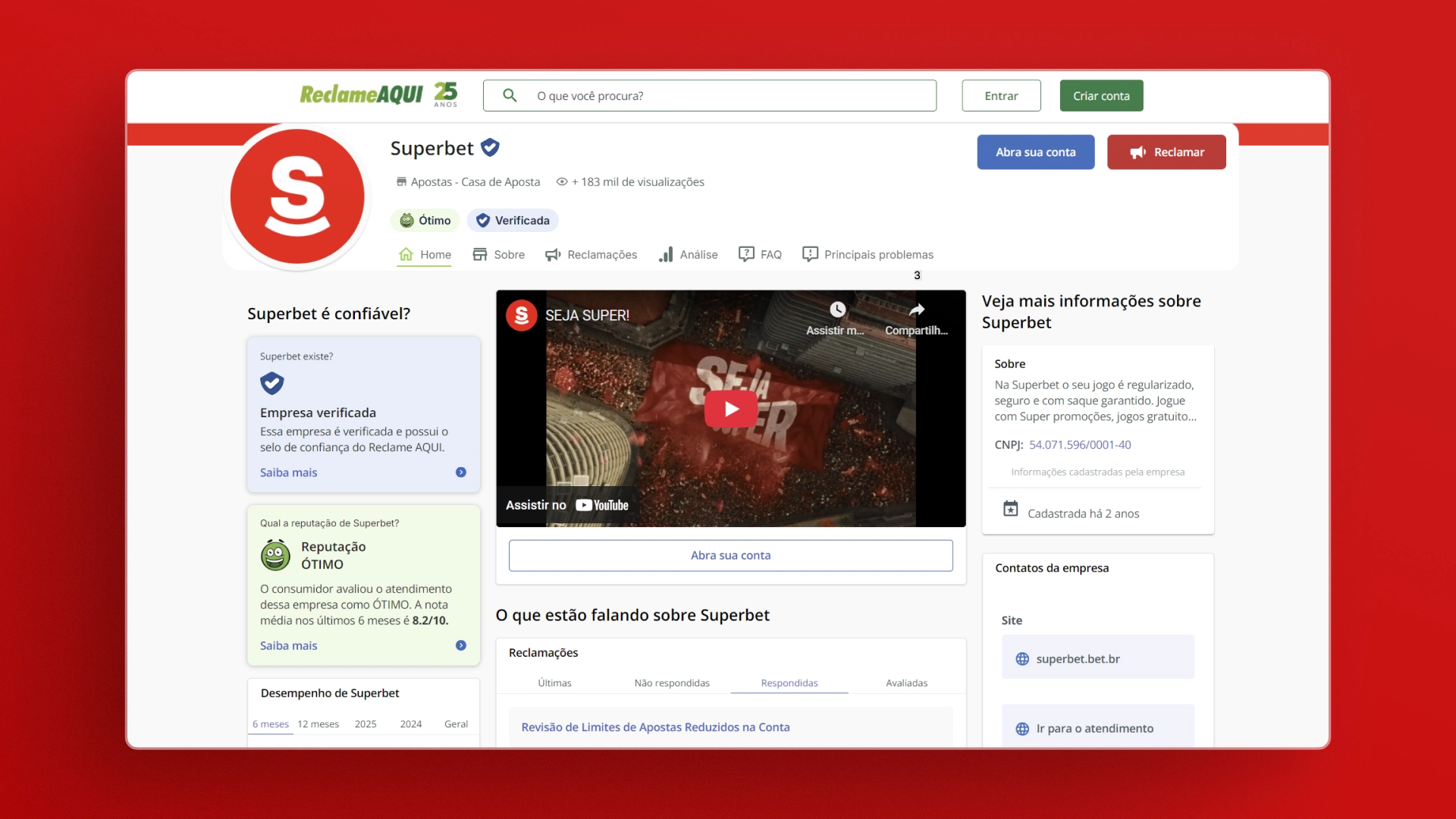 captura de tela da Superbet no Reclame Aqui