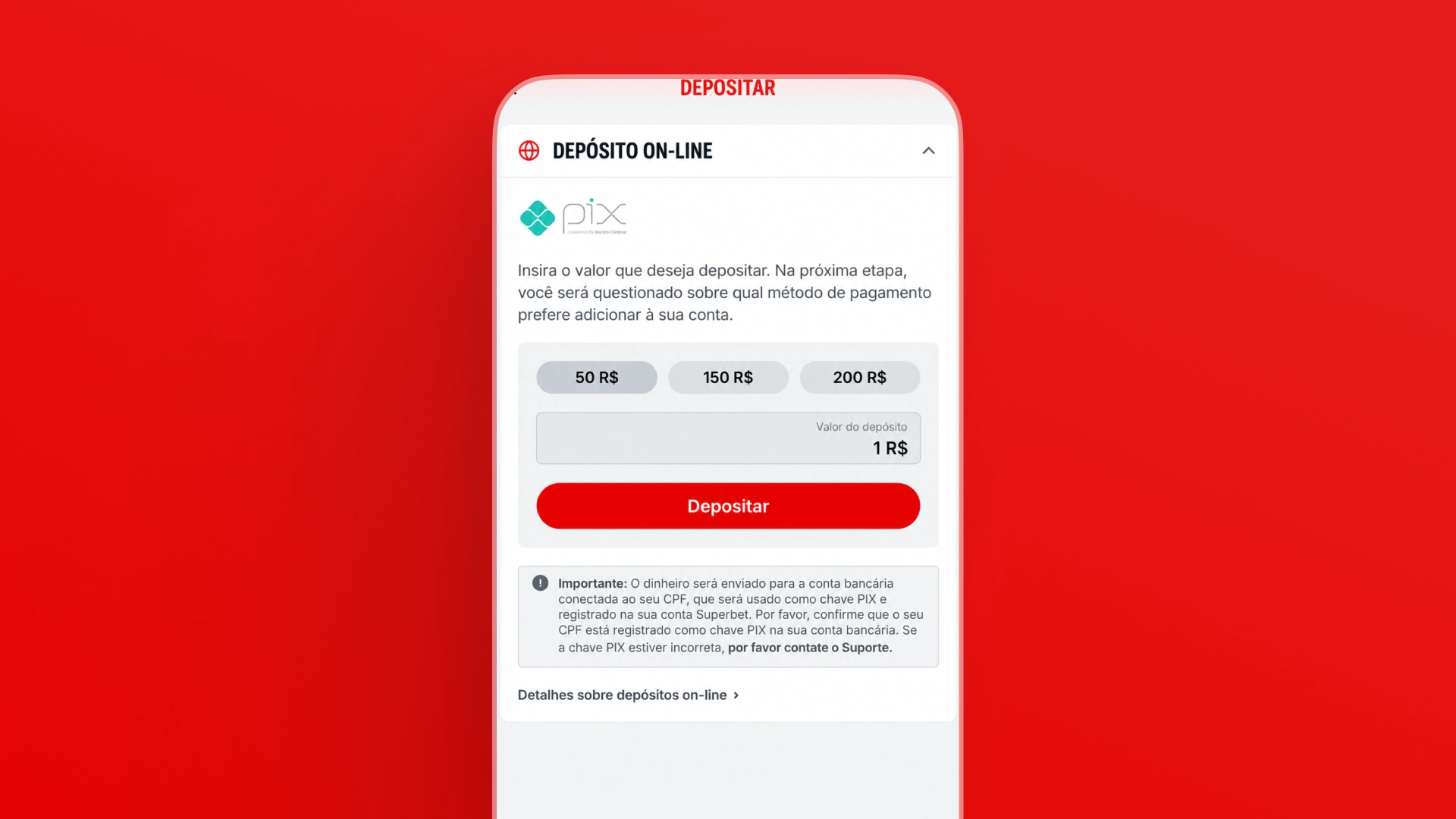 Captura de tela do depósito mínimo de 1 real na Superbet