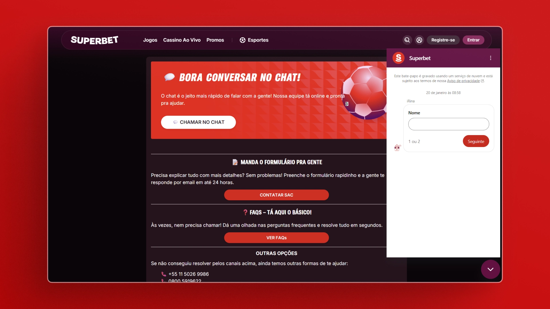 captura do suporte da Superbet